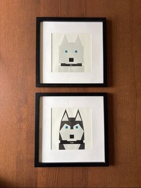 Set of 2 Minimalist Geometric Husky Prints (original) - Black Frames, Blue Eyes